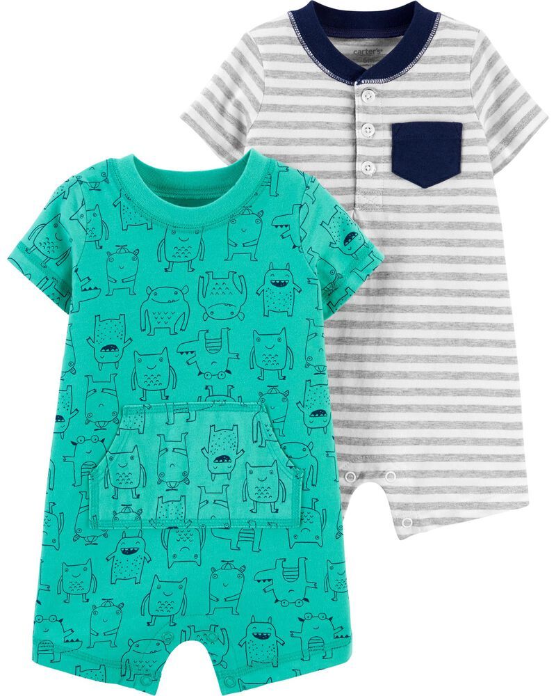 2-Pack Striped & Monster Rompers | Carter's