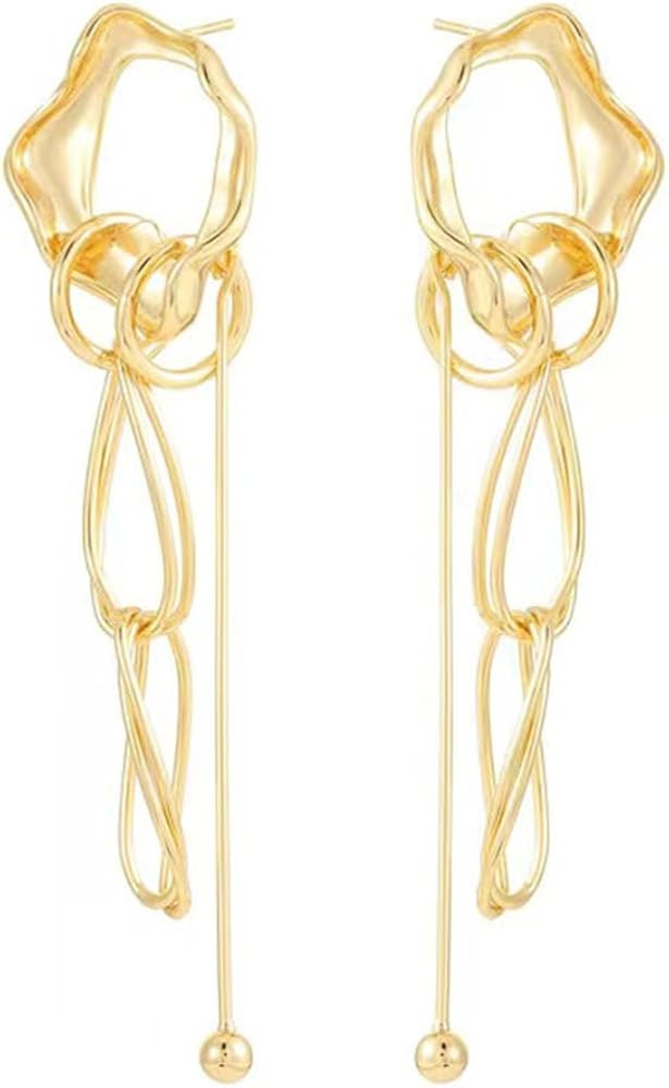 Metal Circle Earrings - Unique Double-Layer Long Tassel Dangle Earrings with Abstract Irregular D... | Amazon (US)