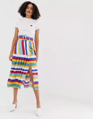 ASOS DESIGN multi colored stripe pleated midi skirt with self belt | ASOS (Global)