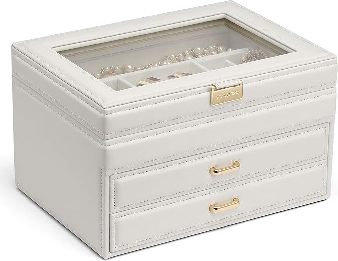 Jewelry Box with Glass Lid for Mothers Day Gifts, 3 Layer Jewelry Organizer with 2 Drawers, Large... | Amazon (US)