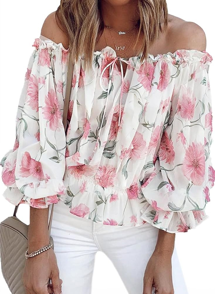 BLENCOT Summer Sexy Off Shoulder Tops for Women Boho Ruffle Sleeve Floral Chiffon Shirts Blouses | Amazon (US)