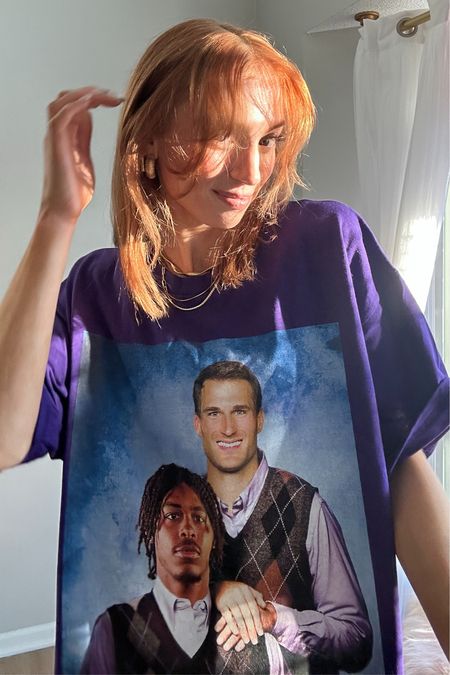 🏈💜💛MN Vikings gift idea - wearing an XL and it’s like a dress I am 5’6 
Kirk cousins and Justin Jefferson step brothers shirt 

Other nfl teams too! 🏈 and sweatshirts 
Mens gift ideas 

#LTKGiftGuide #LTKfitness #LTKmens
