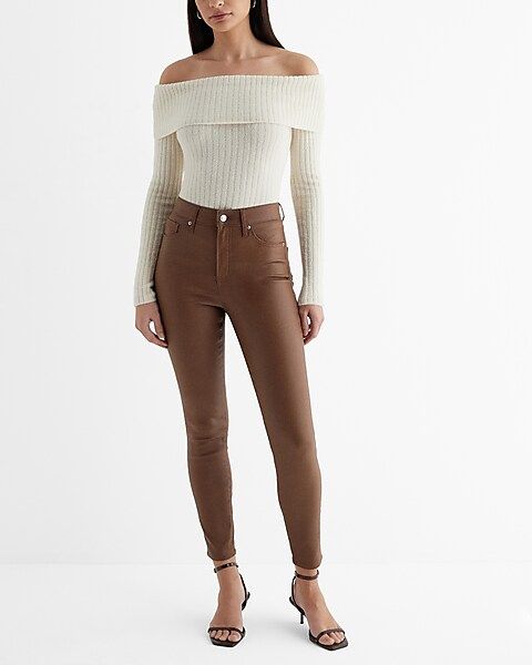 High Waisted Brown Coated Skinny Jeans | Express
