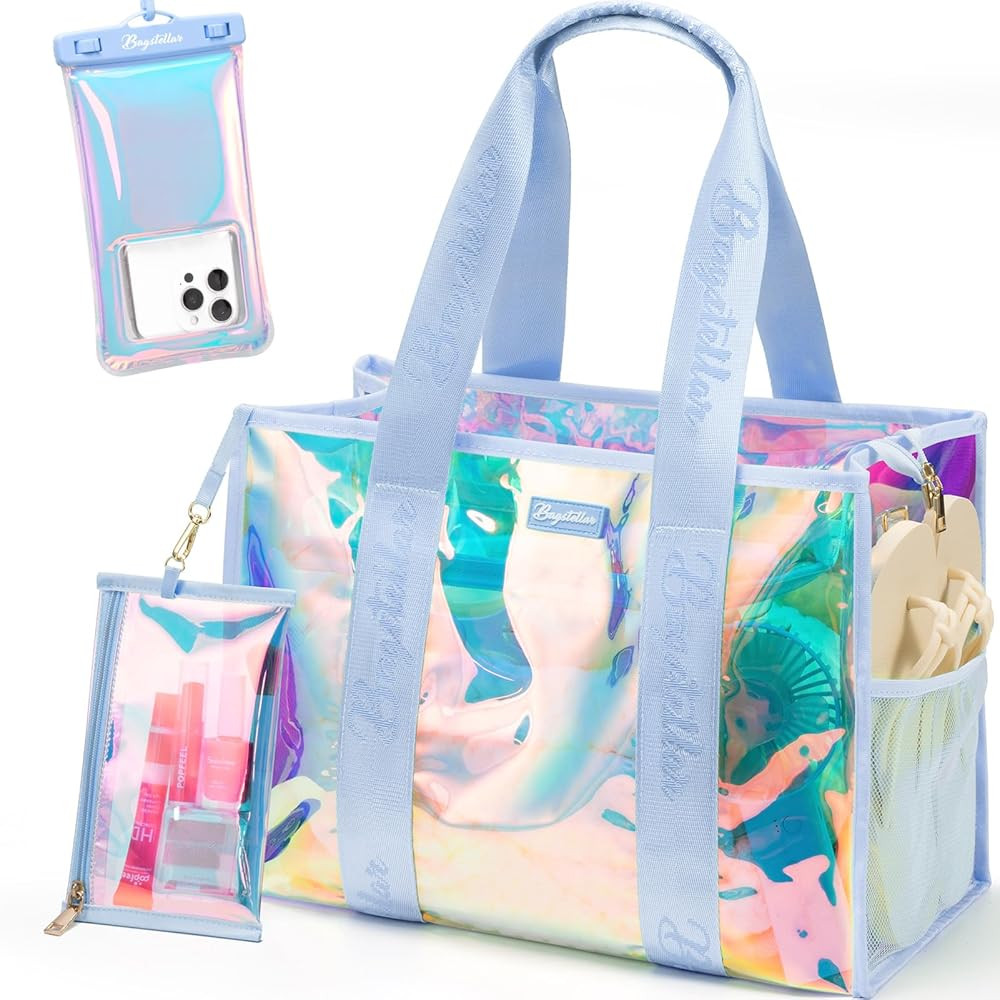 Beach Bag for Women Clear Iridescent Zipper Pool Swim Beach Tote Bag w/Makeup Bag & Waterproof Ph... | Amazon (US)