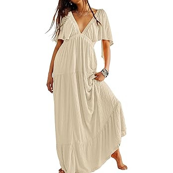 Kikibell Women Summer Dresses Sexy V-Neck Maxi Dress Tiered Silhouette with Flutter Sleeve Backle... | Amazon (US)