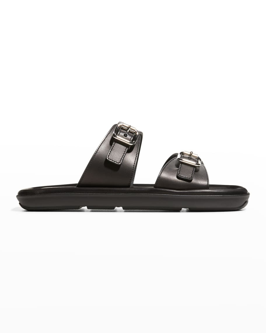 Prada Natural 20mm Double Buckle Slide Sandal With Metallic Soles | Neiman Marcus