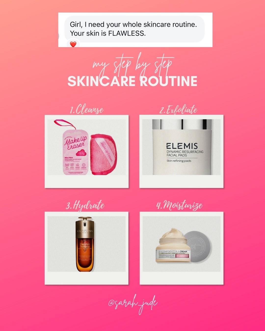My Skincare Routine is so simple but I’ve been using these 4 products for years and it works for me! Step by Step Below💦 : 

1. Always start by washing my face with the Makeup Eraser using micellar or just water to remove makeup. 
2. I exfoliate with the Elemis Facial Pads (recently I’ve been trying First Aid Beauty for a cheaper option) to remove dead skin cells/debris for smoother skin! 
3. Hydrate with this double serum  (a splurge but in my opinion worth it) — it firms, smooths, boosts radiance & minimizes pores! 
4. I lock it all in with a good moisturizer and I have been using the IT Cosmetics Confidence in a Cream for several years!  


#LTKdayinmylife #LTKBeauty #LTKselfcare