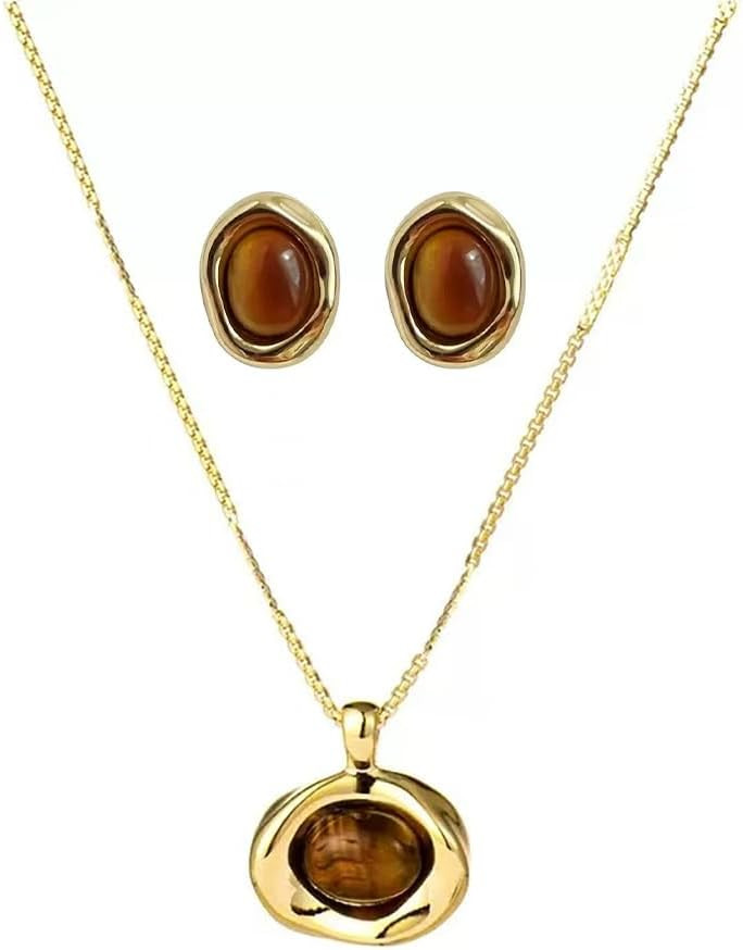 Axepet Gold Tigers Eye Stone Necklace Earrings Set Chunky Gemstone Pendent Dangle Necklace Prom Fashion Jewelry Gifts | Amazon (US)
