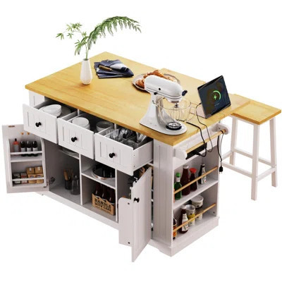 White Kitchen Island With Internal Storage, Drop Leaf, Power Charging Station, 5 Rolling Cart 50 W Input, 5 Wheels | Wayfair North America