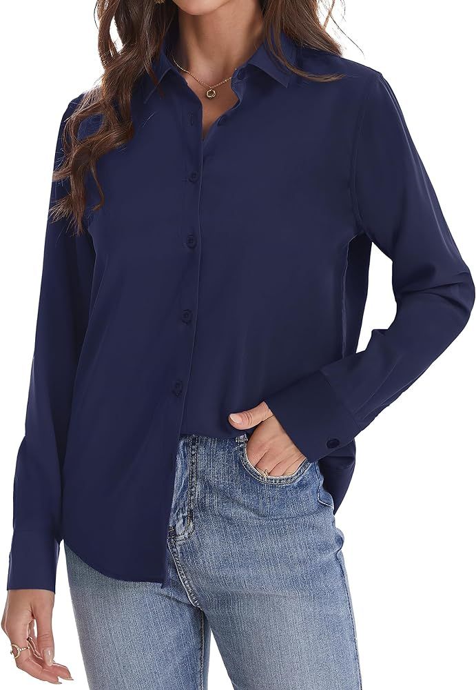 J.VER Womens Button Down Shirt Long Sleeve Wrinkle Free Lightweight Solid Chiffon Dress Shirts Wo... | Amazon (US)