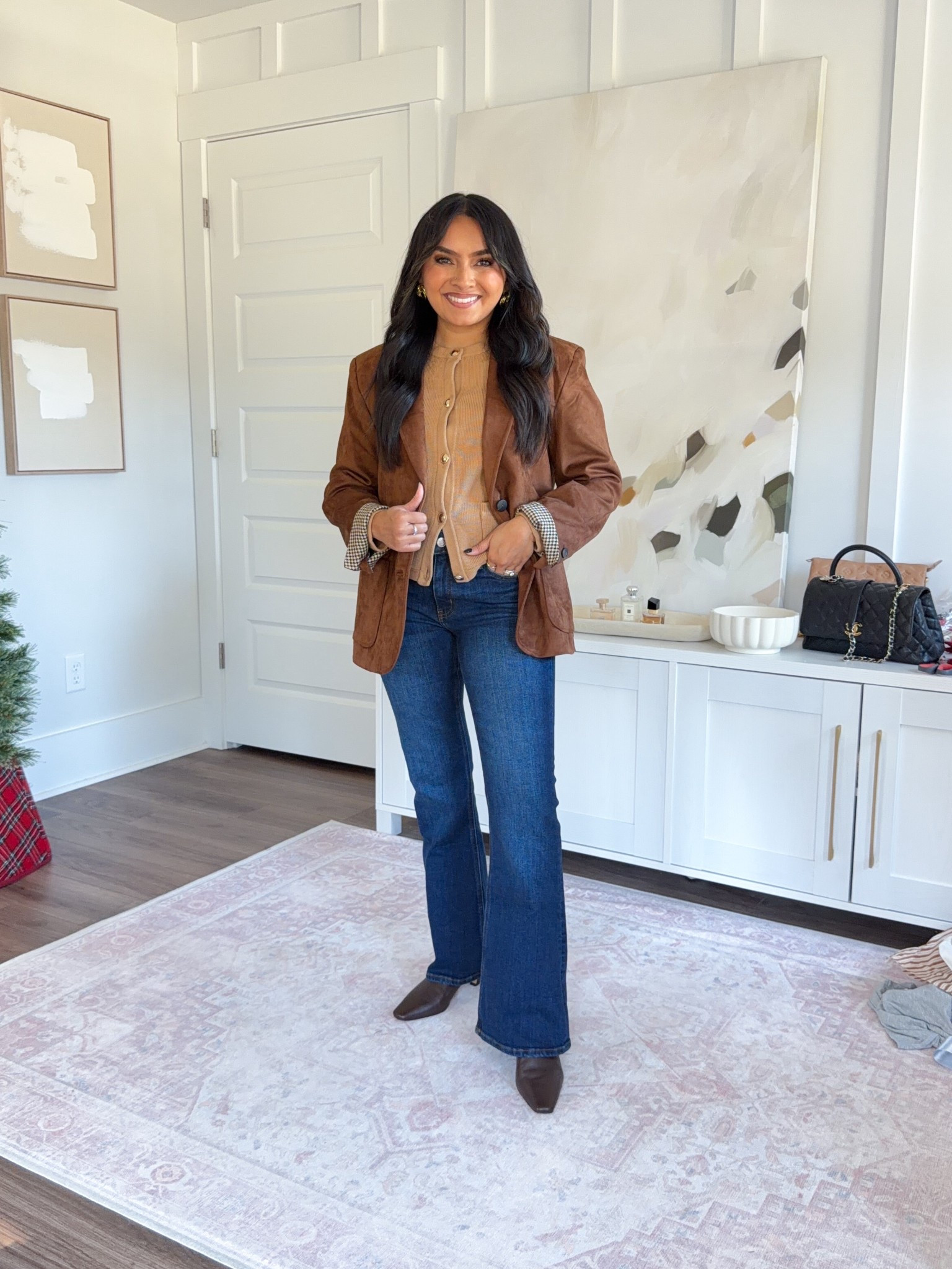 Suede blazer size xxs TTS, Code RACHEL15 
Camel sweater jacket cardigan size xs TTS
Midnight blue flare jeans size 26, 30” inseam TTS
Dark brown leather booties size 5.5 TTS

#LTKCyberWeek #LTKPetite #LTKHoliday