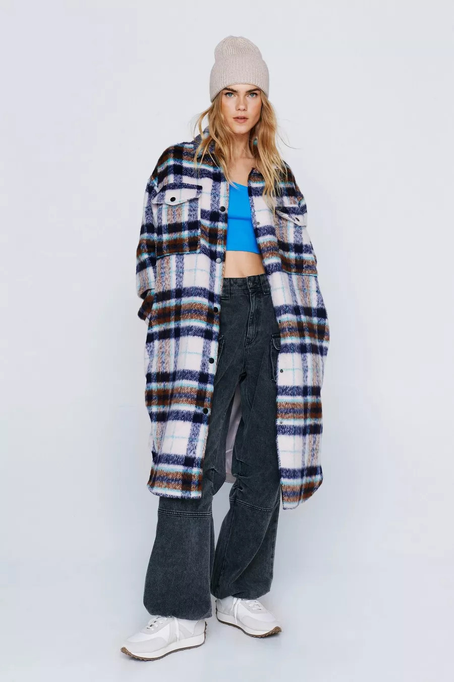Check Print Button Down Longline Shacket | Nasty Gal (US)