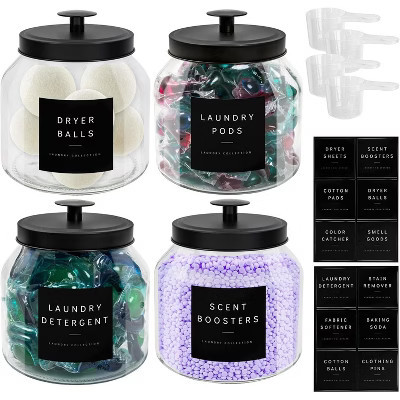 4-Pack Glass Laundry Organization Set with Labels, Jars for Laundry Pods, Scent Booster, Detergent, Dryer Balls and Powder Storage | Target