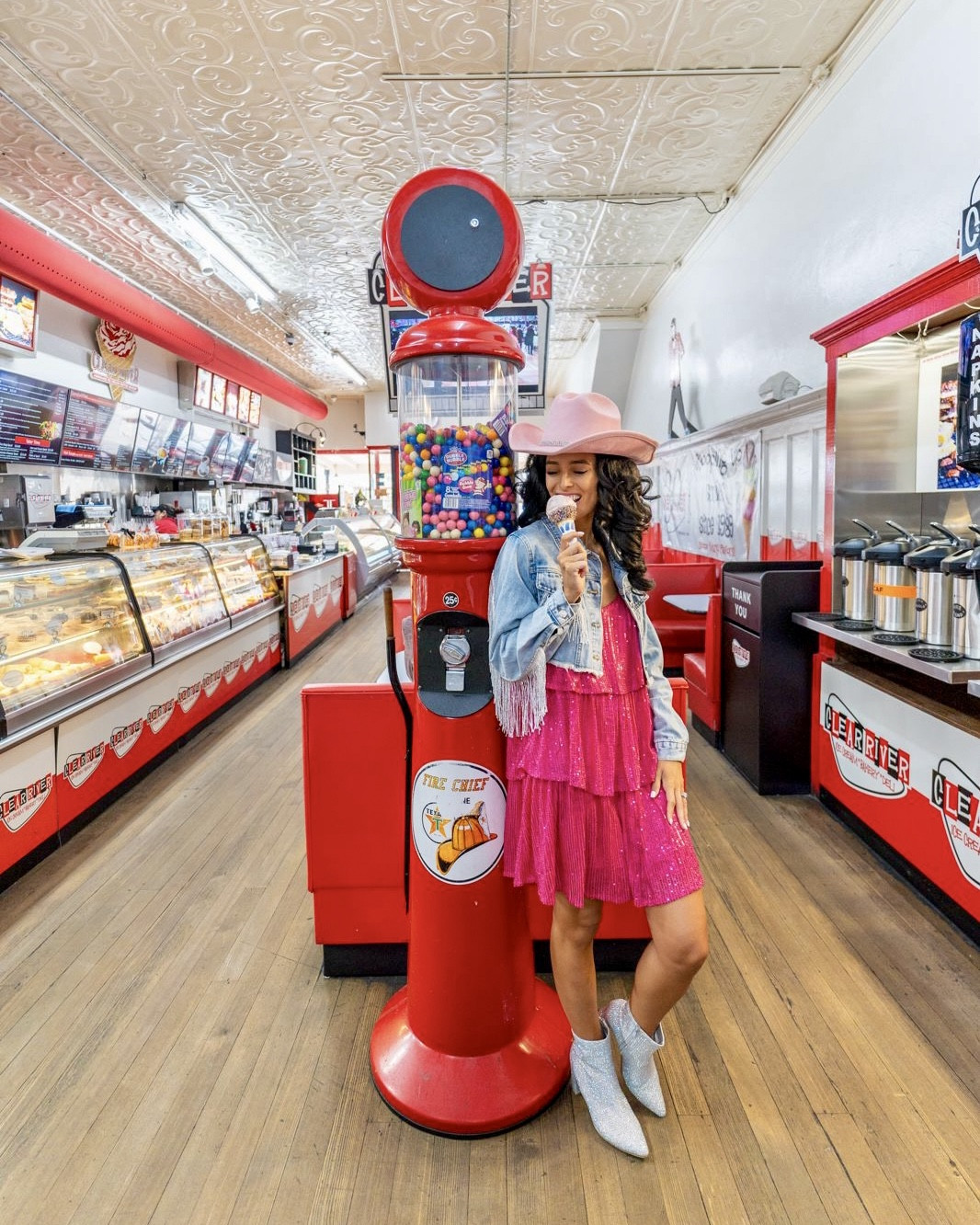 Ice cream, cowgirl vibes, and a pop of sparkle! 💖✨ Loving my pink glitter sequin tiered mini dress, cowgirl hat, fringe denim jacket and metallic booties for a fun day out at the Clear River Ice Cream House in Fredericksburg, TX!🍦❤️

- fall dress, fall outfit, thanksgiving dress, summer dress, summer outfit, spring dress, spring outfit, prom dress, evening dress, date night outfit, party dress, trendy ootd, fall fashion, amazon finds, vacation outfit, travel outfit, wedding guest outfit, bridesmaid dress, holiday outfit, seasonal outfit, walmart finds 

#LTKU #LTKFindsUnder100 #LTKSeasonal #LTKParties #LTKShoeCrush #LTKTravel #LTKFindsUnder50 #LTKStyleTip