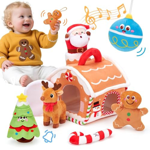 hahaland Baby Christmas Toy for 6 + 12 18 Months – Musical & Sensory Plush Christmas Toys Set with Gingerbread House, Santa, Reindeer, Gingerbread, Rattles & More - 7-Piece | Amazon (US)