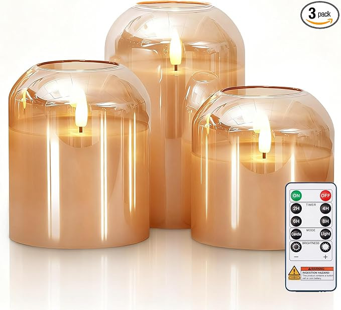 Homemory Glass Flameless Candles, Battery Operated Plliar Candles Realistic Flickering, LED Elect... | Amazon (US)