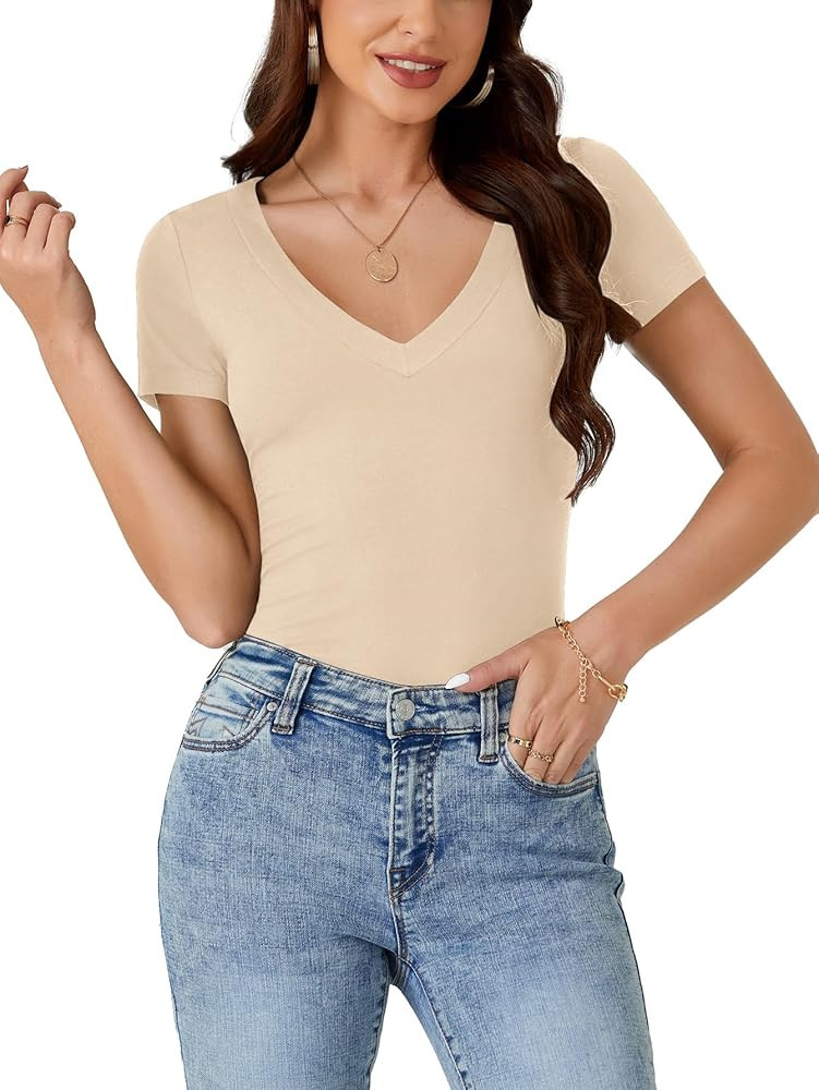 LYANER Women's V Neck Short Sleeve Casual Ribbed Bodycon Fit Basic Tee Tops Shirts | Amazon (US)