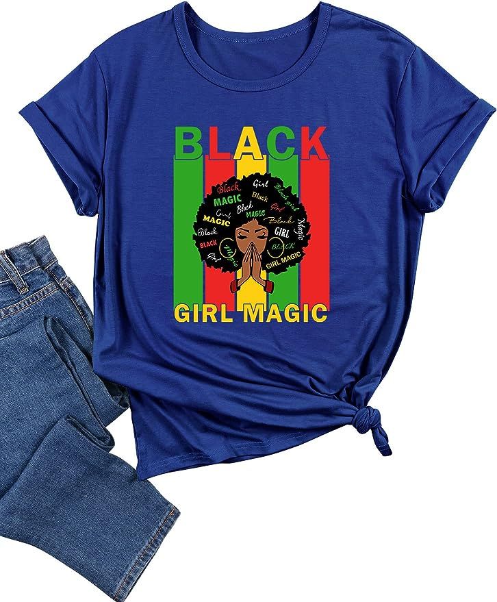 T-Shirt for Women Black Girl Magic Tees Afro American Natural Hair Queen Black Power T-Shirt Lett... | Amazon (US)