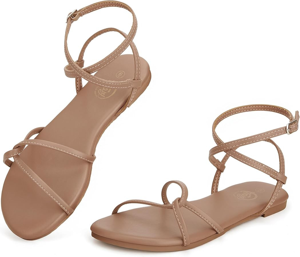 Trary Women's Flat Sandals, Strappy Cross Lace Up Ankle Strap Summer Dressy Beach Shoes, Lightwei... | Amazon (US)