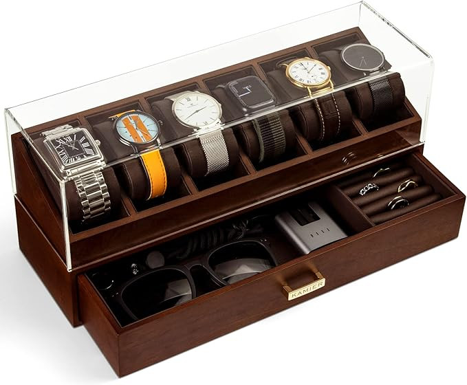 KAMIER Watch Box Case Organizer Display for Men,Two-Tier Wooden Watch Box Organizer For Men with ... | Amazon (US)