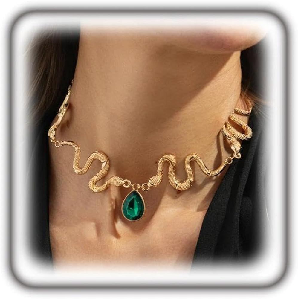 Gold Teardrop Crystal Pendant Necklace for Women, Adjustable Chunky Snake Green Rhinestone Choker... | Amazon (US)