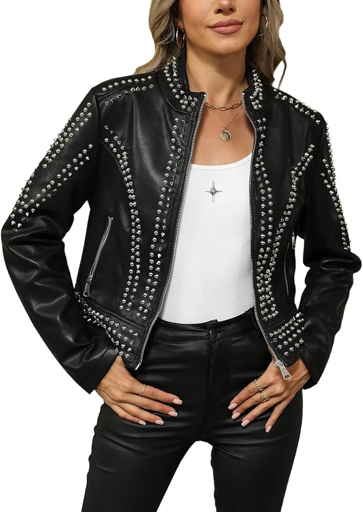 Bellivera Women's Faux Leather Jacket Studded Rivet Casual Short Moto Biker Stand Collar Coat | Amazon (US)