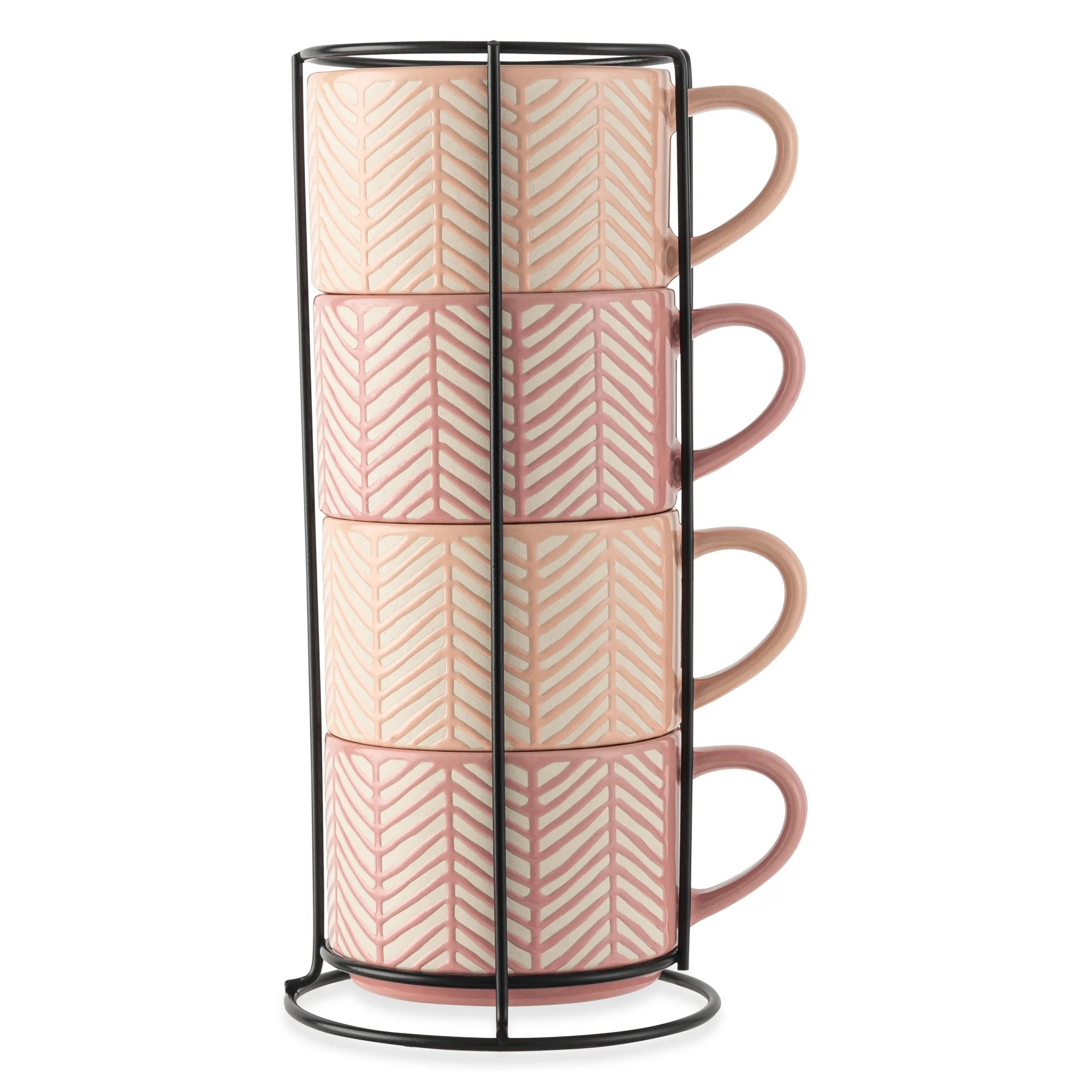 Thyme & Table 4 Pack Stacking Mugs, Pink and White Lines 11.1 fl oz, Stoneware - Walmart.com | Walmart (US)