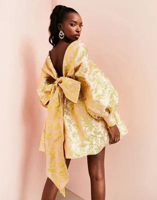 ASOS LUXE barbot baby doll puff sleeve mini dress in gold jacquard | ASOS | ASOS (Global)