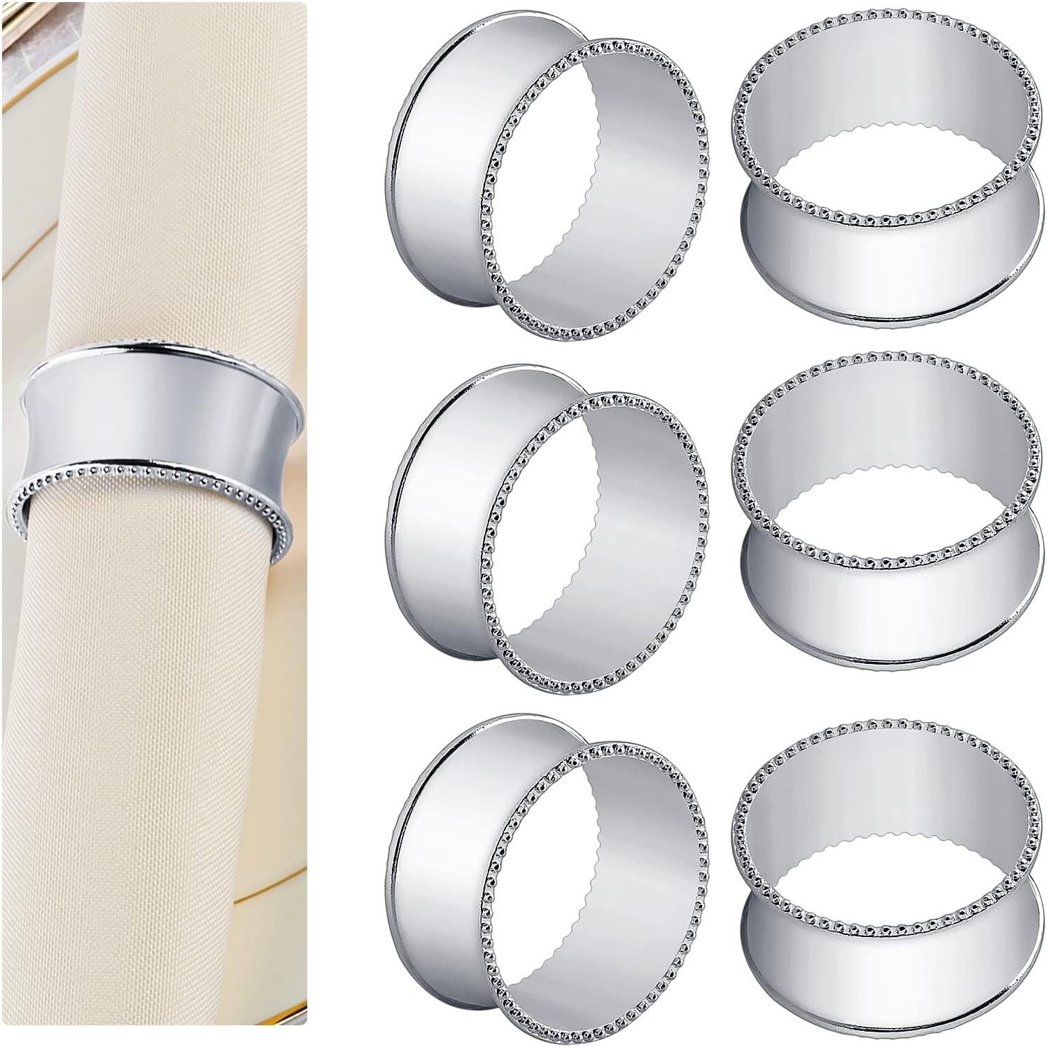 Frjjthchy 6 Pcs Stainless Steel Bead Side Napkin Rings Delicate Serviette Buckles (Silver) | Amazon (US)