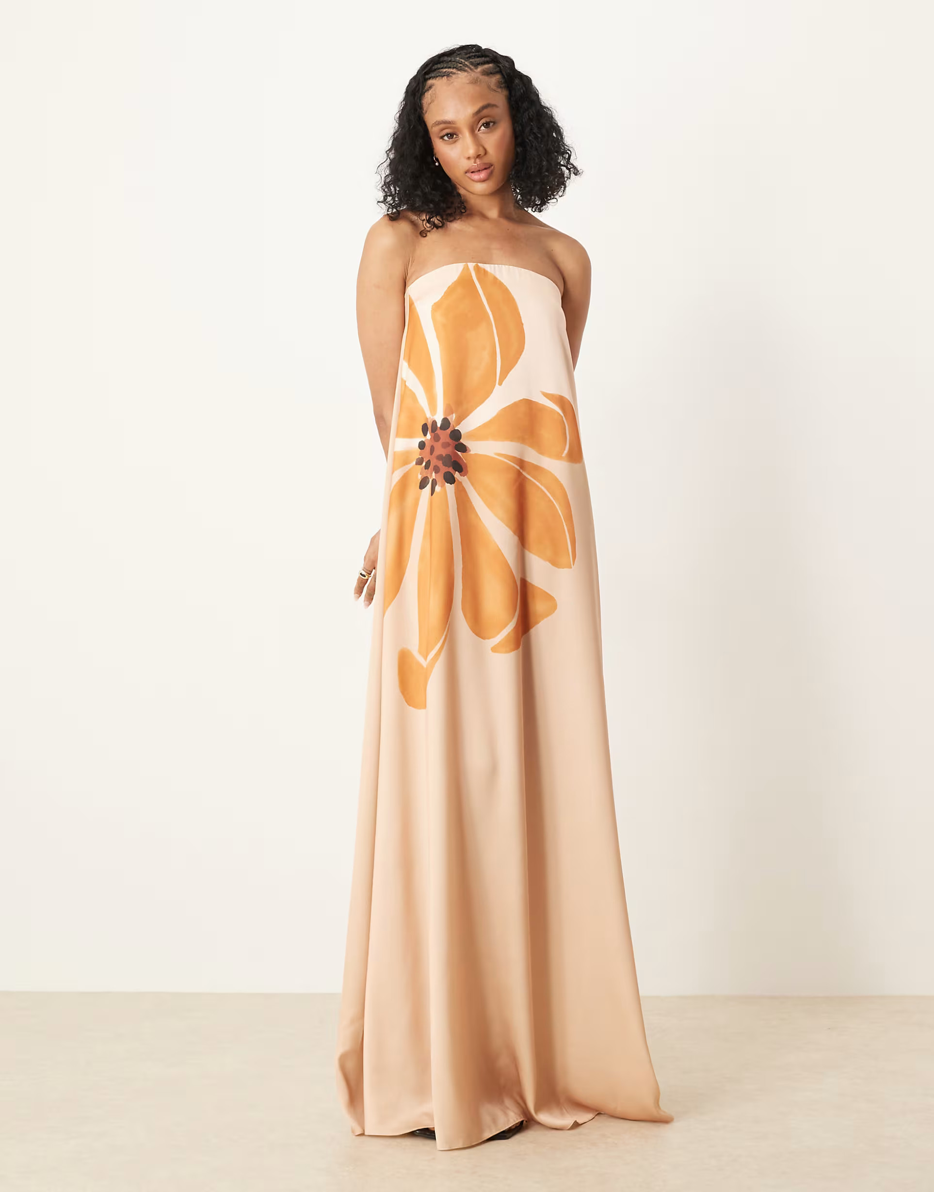 ASOS DESIGN Tall bandeau trapeze satin maxi dress in yellow floral print | ASOS (Global)