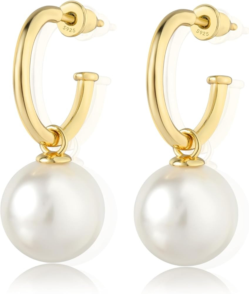 Gold Heart Earrings for Women 18K Gold Plated 925 Sterling Silver Pearl Drop Earrings Dangle Hypo... | Amazon (US)
