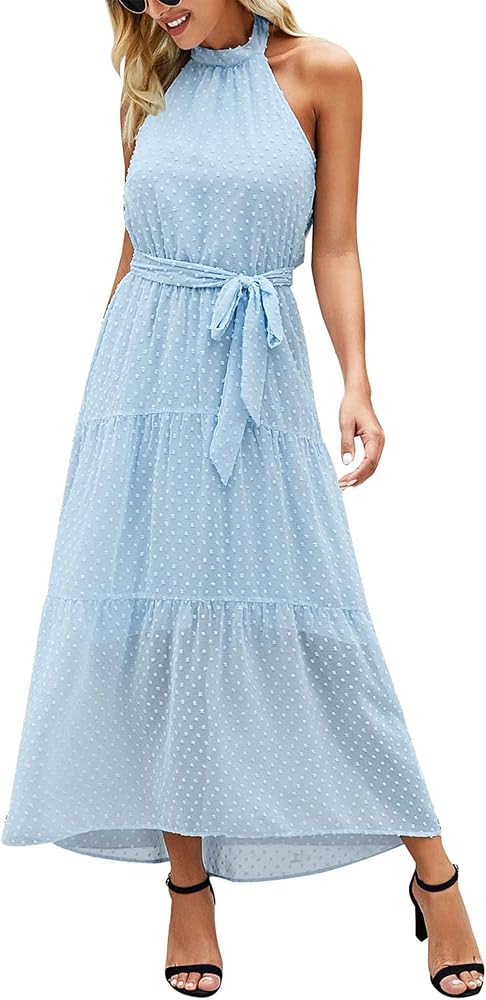 PRETTYGARDEN Women's Casual Halter Neck Sleeveless Floral Long Maxi Dress Backless Loose Ruffle S... | Amazon (US)