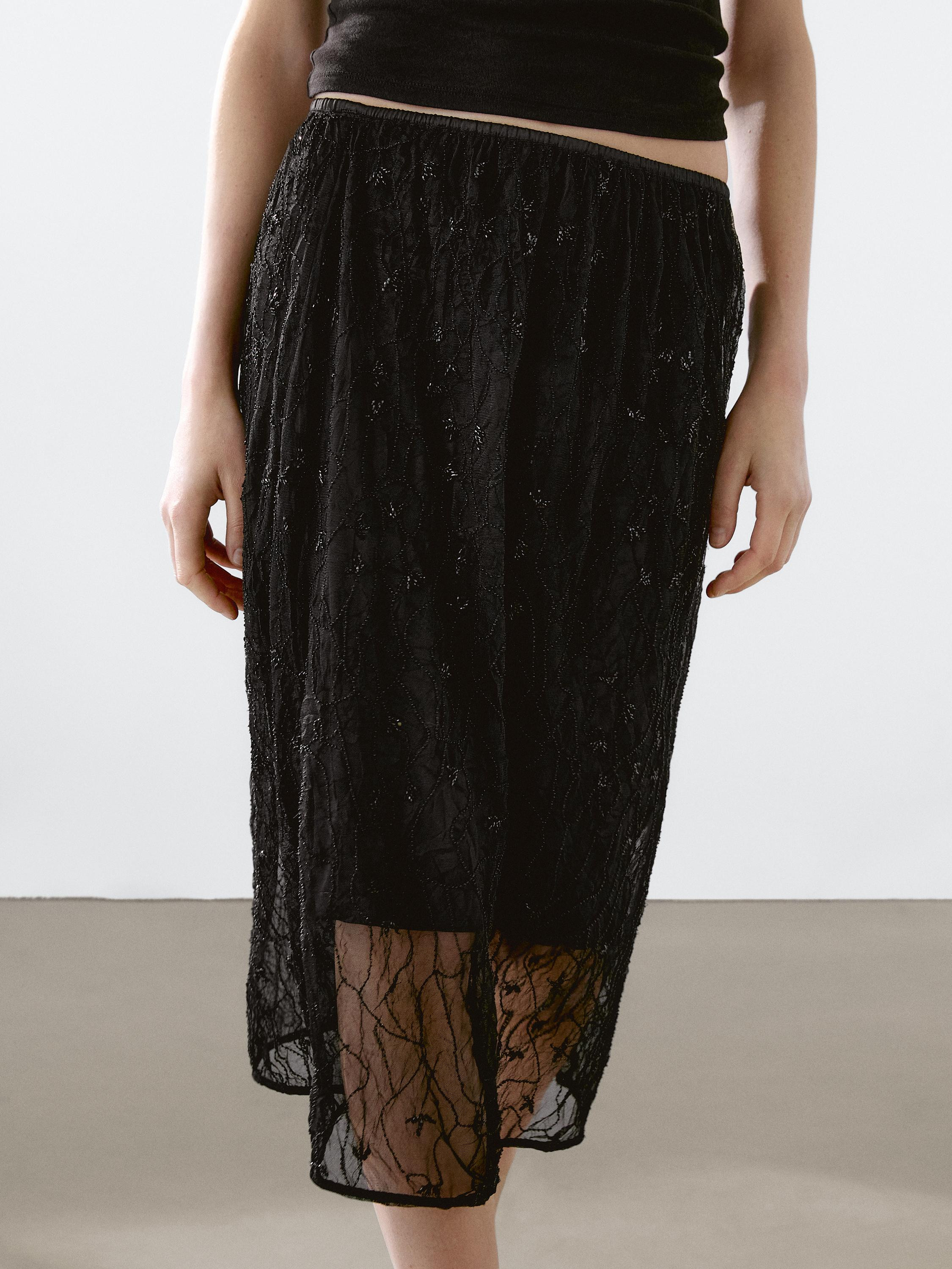 Semi-sheer midi skirt with rhinestone detail | Massimo Dutti UK