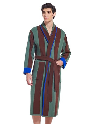 SlumberMee Mens Luxurious Bathrobe Soft Fleece Absorbent Bath Robe Shawl Collar Deep Pockets Calf Length House Coat Spa Robe (Brown Green Stripe, S-M) | Amazon (US)