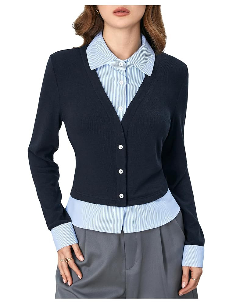 MakeMeChic Women's Striped Print Long Sleeve Shirt Button Down Collar Neck Blouse Tops | Amazon (US)