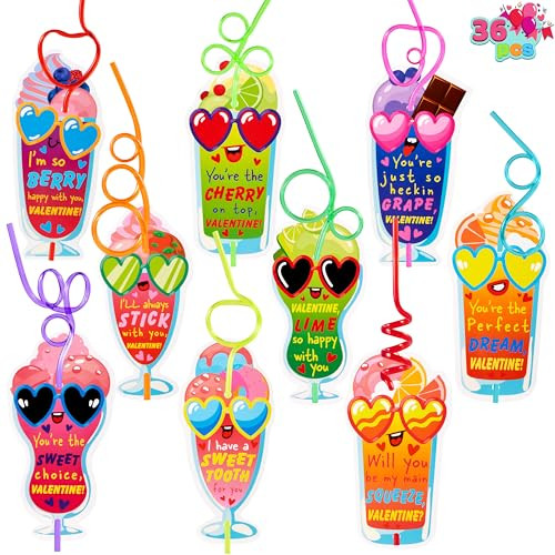 JOYIN 36 Pack Valentines Day Gift Cards with Colorful Loop Reusable Drinking Straws for Kids Valentine Party Favor, Classroom Gift Exchange, School Prizes | Amazon (US)