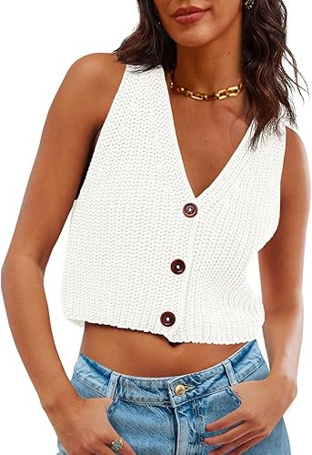 Saodimallsu Womens Cropped Sweater Vest V Neck Button Down Y2k Crop Knit Summer Trendy Sleeveless... | Amazon (US)