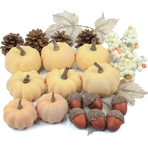 Artgar Fake Foam Pumpkin - Fall Decor - 24 PCS Pumpkin Decor Set with Acorns Pinecones Maple Leaves Berries for Halloween Thanksgiving Fall Harvest Home Decor DIY Crafts Table Centerpieces | Amazon (US)