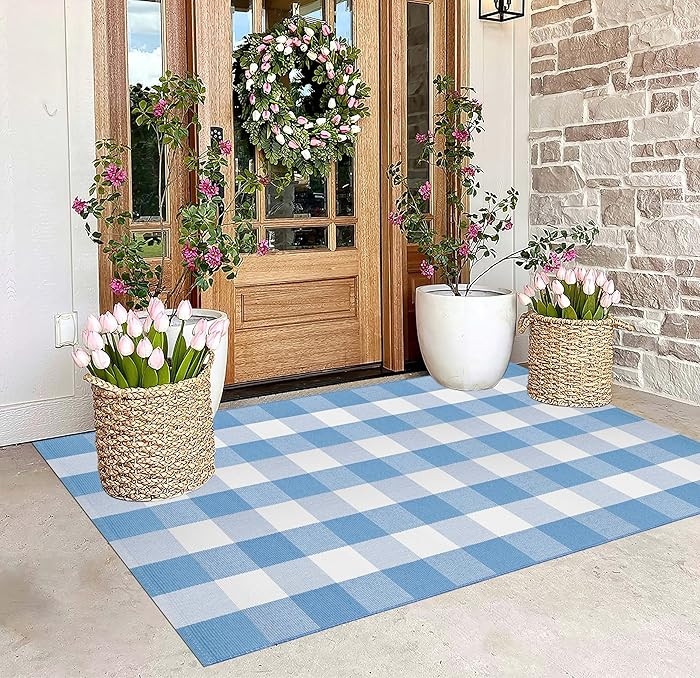 3'x5' Outdoor Rug,Blue and White Buffalo Checkered Porch Mat Farmhouse Washable Front Door Mat Ou... | Amazon (US)