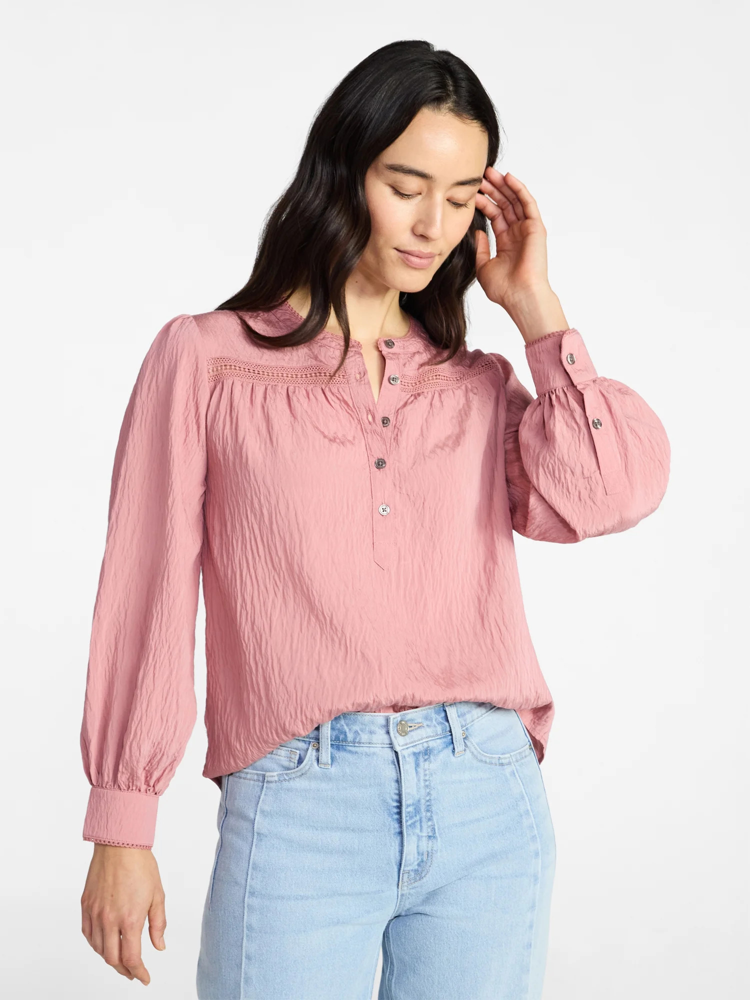 Time and Tru Women's Lace Yoke Half Button Shirt with Long Sleeves Sizes XS-XXXL | Walmart (US)