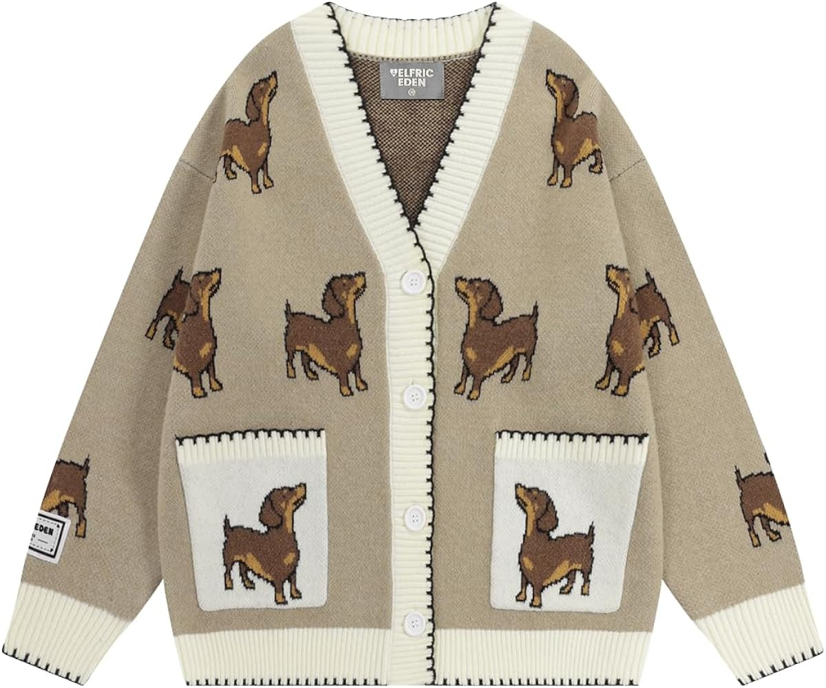 Aelfric Eden Women's Hand Drawn Dachshund Cardigan Sweater V Neck Long Sleeve Open Front Button D... | Amazon (US)