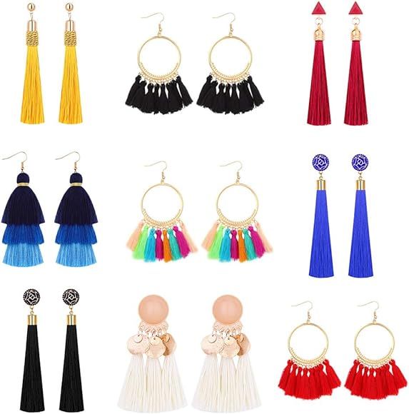 9 Pairs Tassel Earrings Set for Women & Girls, Hoop Tassel Earrings Tiered Tassel Drop Earrings C... | Amazon (US)