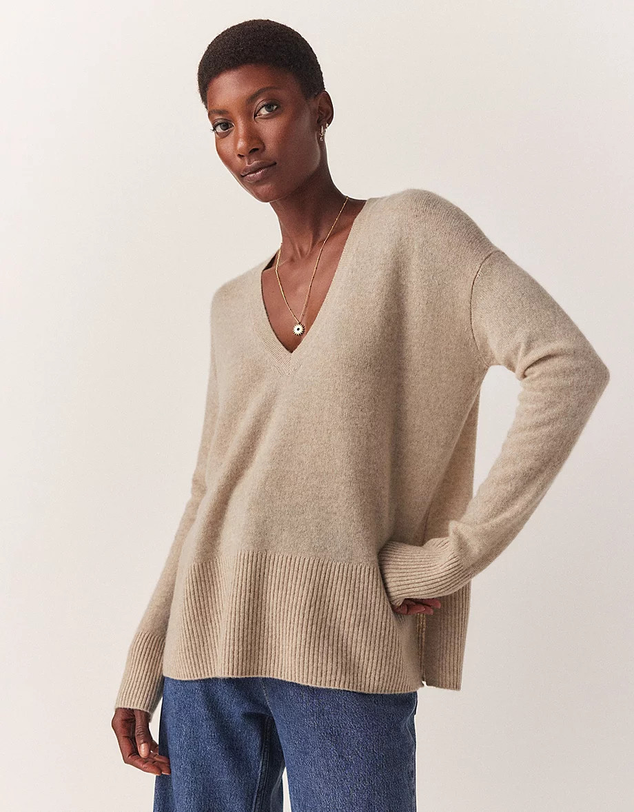 Cashmere Side Split V-Neck Jumper | The White Company (UK)