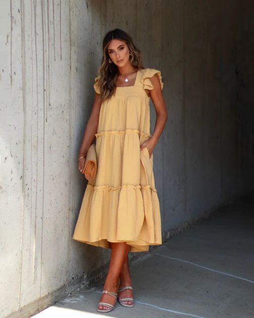 Mavien Ruffle Tiered Midi Dress - Yellow | VICI Collection