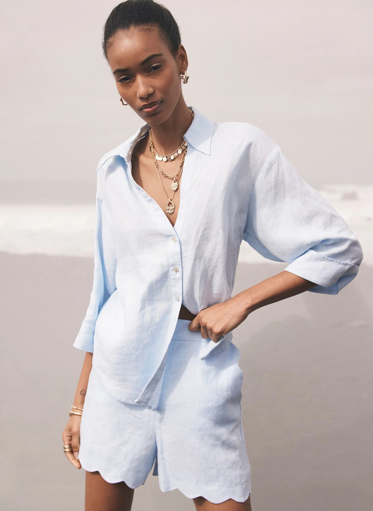 Blue Linen Scallop Trim Shorts | Mint Velvet