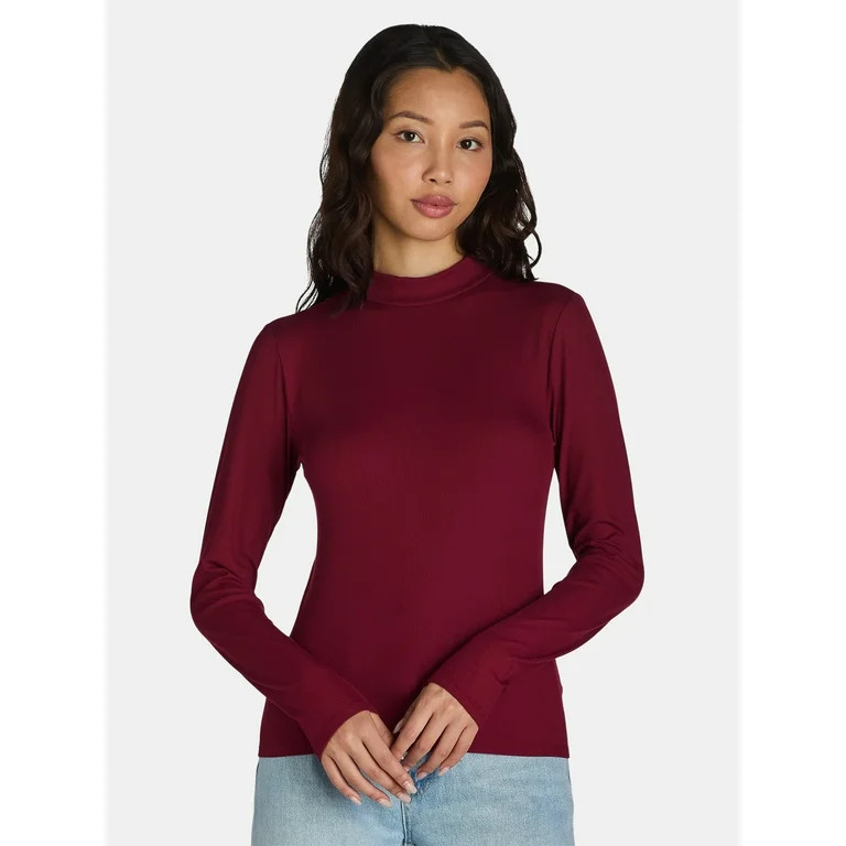 No Boundaries Ribbed Mock Neck Top with Long Sleeves, Women’s and Women’s Plus | Walmart (US)