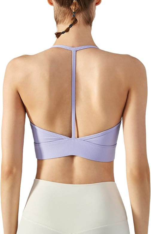 Abonlen Sports Bras for Women Ribbed Padded T Racerback Bras Yoga Workout Crop Tank Top | Amazon (US)