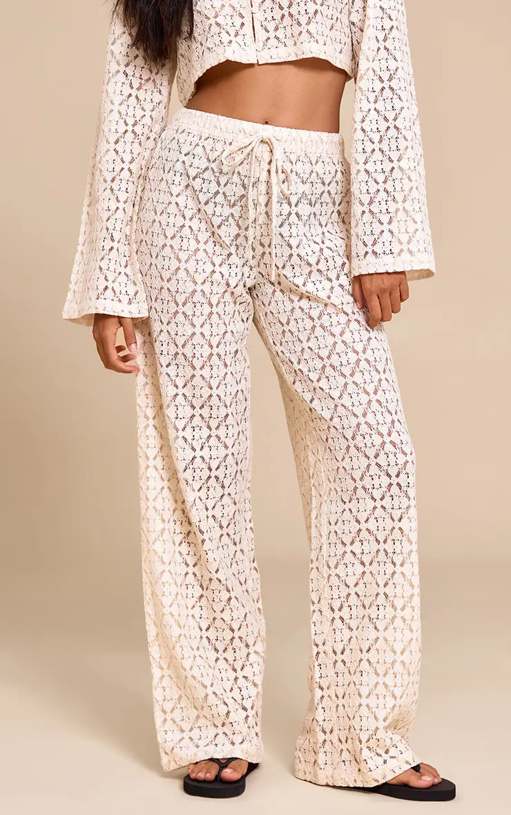 Cream Lace Straight Leg Trouser Co-ord | PrettyLittleThing UK