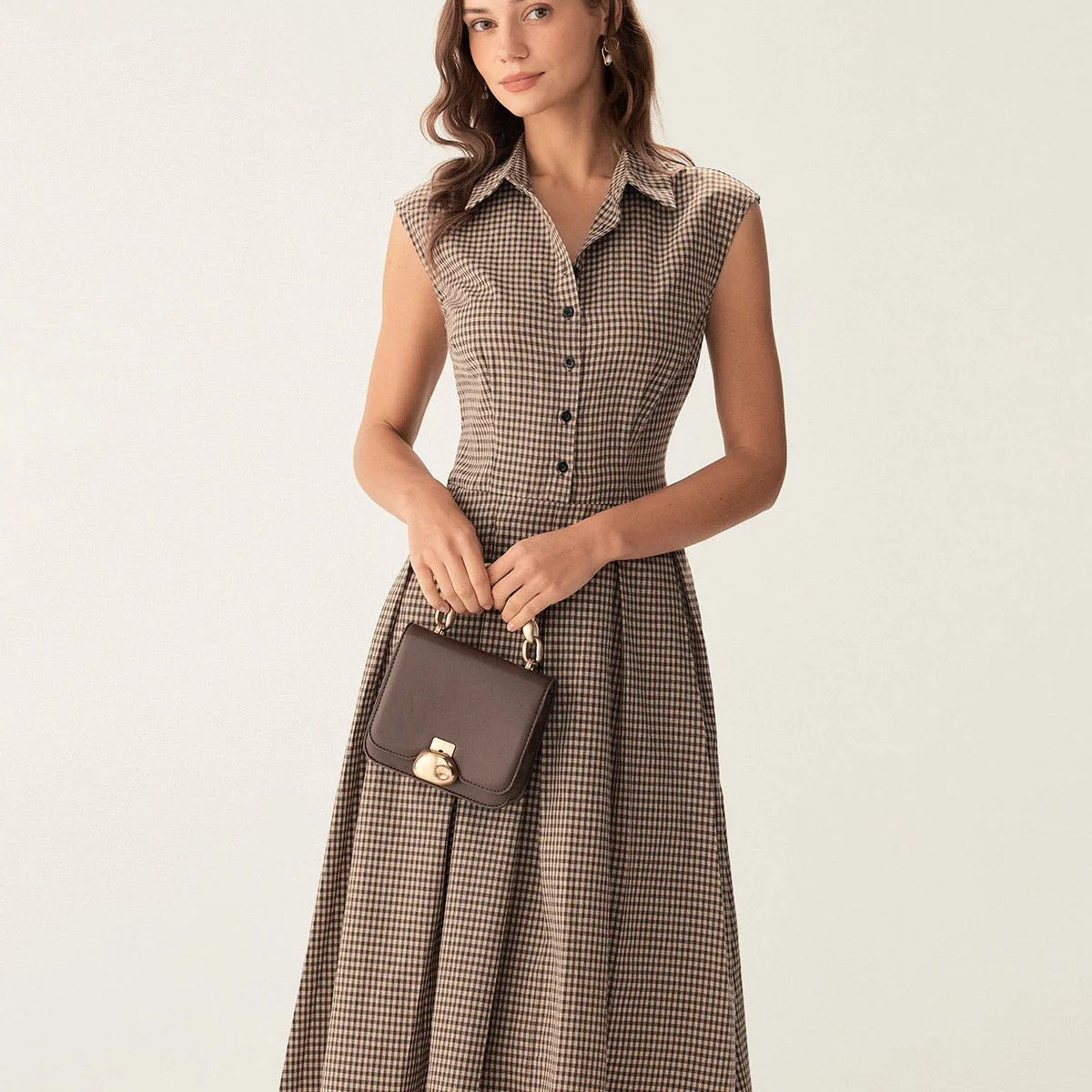 Brown Plaid Button Pleated Midi Dress & Reviews - Brown - Dresses | RIHOAS | rihoas.com