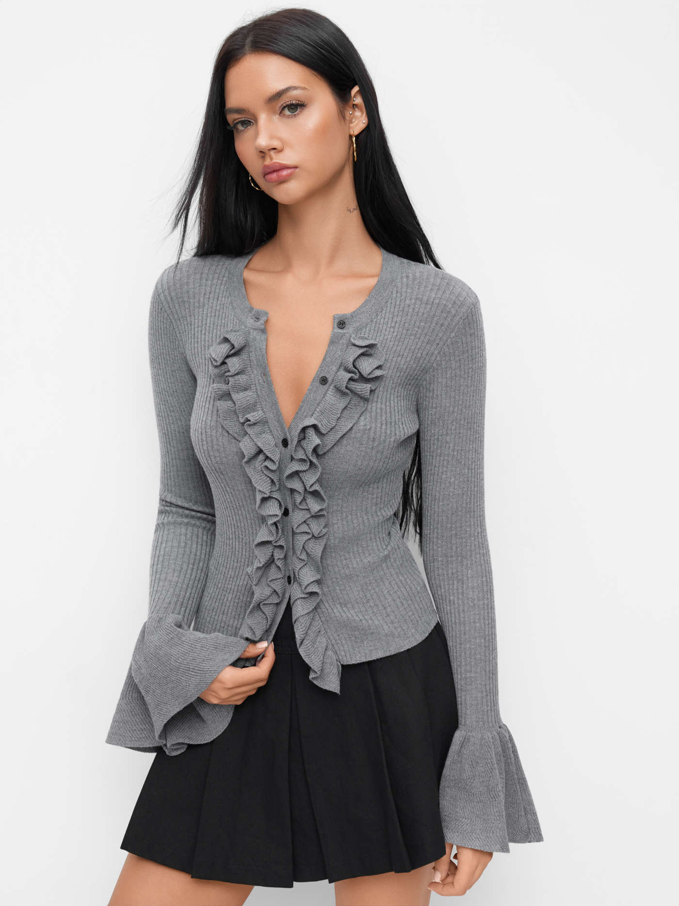 Knit Fabric Knit Wool-blend Round Neckline Lettuce Trim Bell Sleeve Top For Daily Casual | Cider